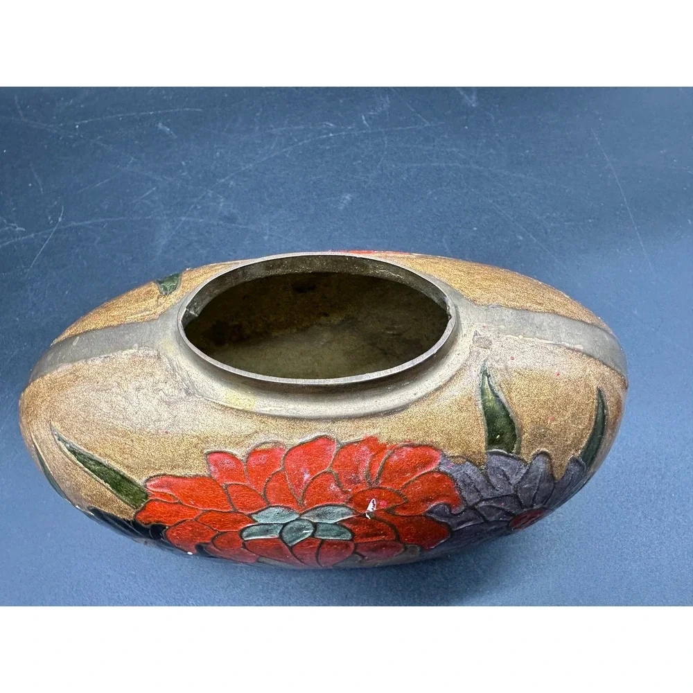Vintage Embossed‎ Floral Brass Vase with Enamel Accents Indian Artisan Metalwork